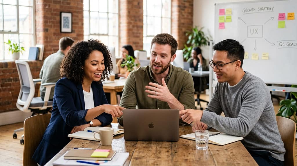 Startup team discussing strategy while collaborating around a laptop in an office.