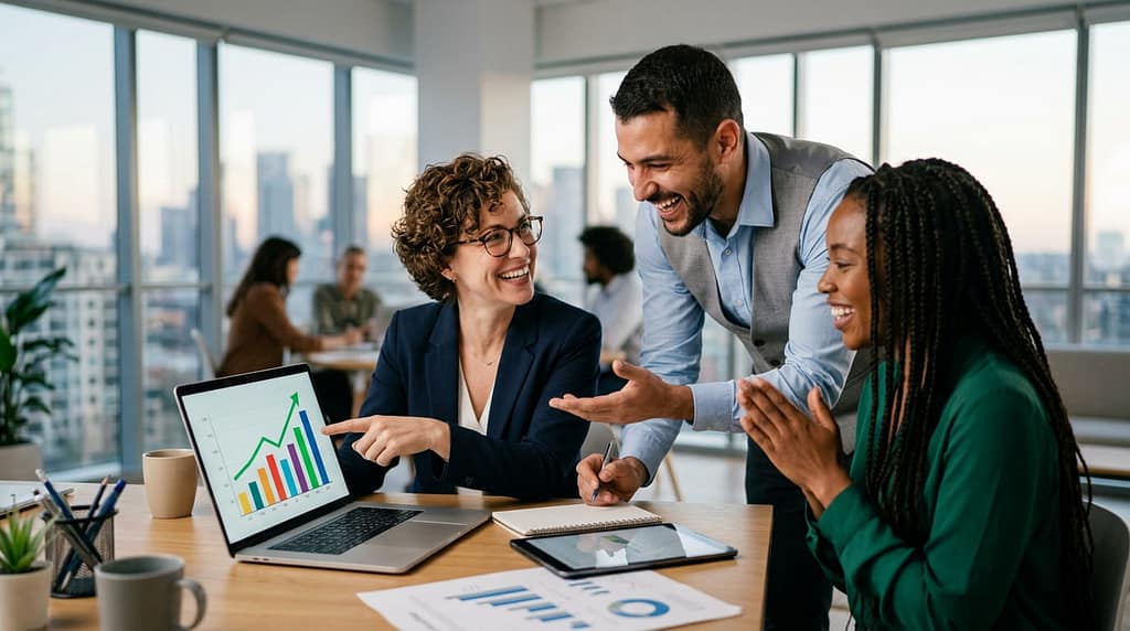 Business professionals celebrating successful online business growth