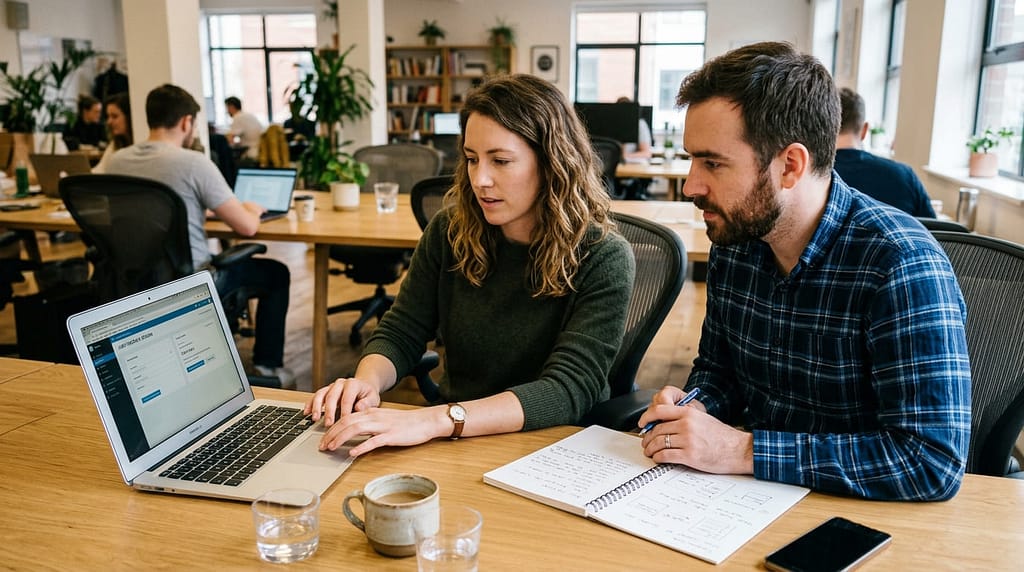 User testing a software product on a laptop while another person observes and takes notes.