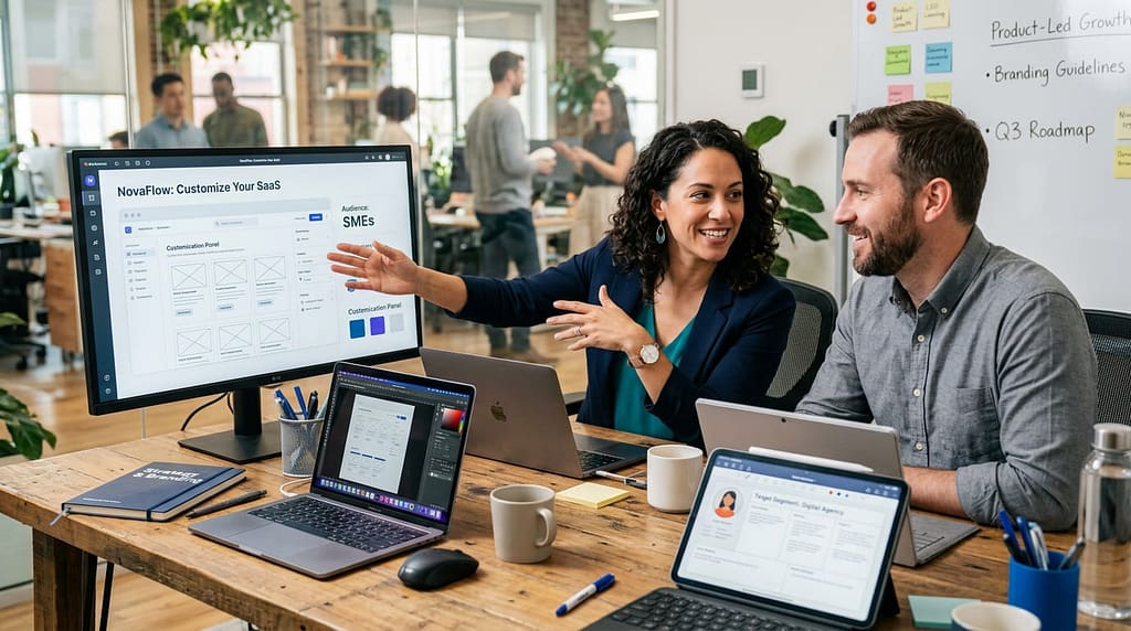 Entrepreneur working on a laptop while discussing branding ideas with a colleague.