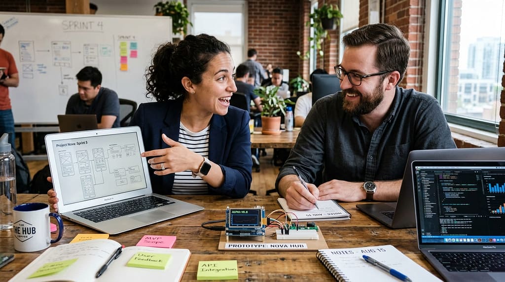 Startup founders discussing a SaaS MVP prototype while working on laptops