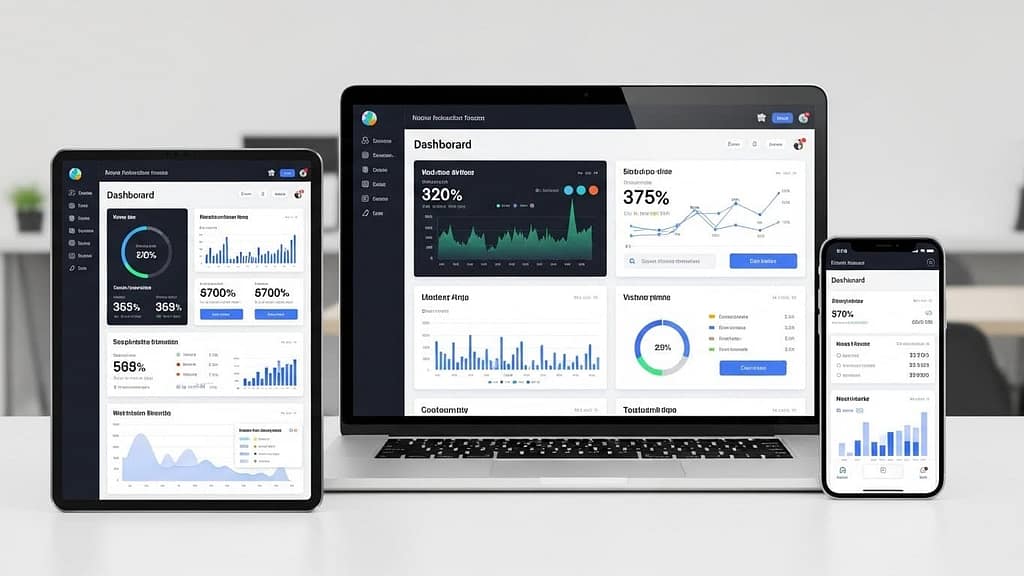 Dashboard interface shown on laptop, tablet, and mobile to highlight multi-device usability.