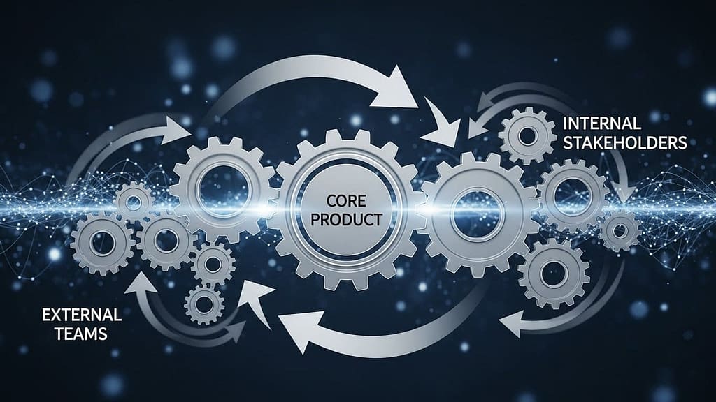 Developer reviewing code on a laptop while notes from a team member are visible on a notebook