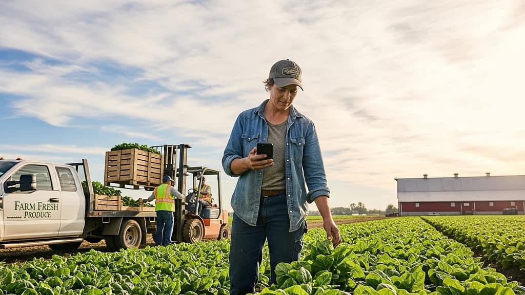 Field worker using mobile software as part of small agribusiness workflow automation for inventory and production tracking