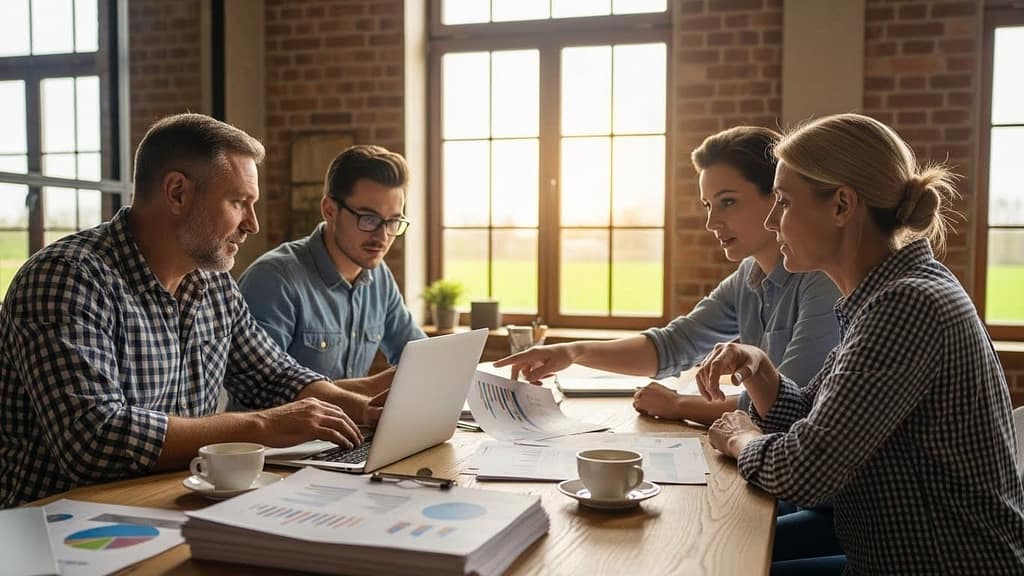 Agribusiness team reviewing reports generated by automated workflows