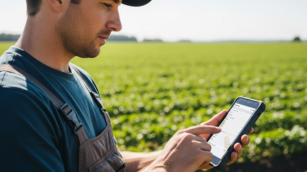 Field worker using mobile agribusiness process automation software to log field activities and inventory updates