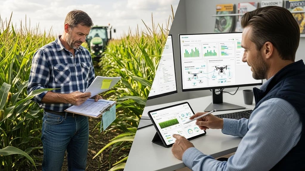 Agribusiness manager comparing manual farm records with automated agricultural software dashboard