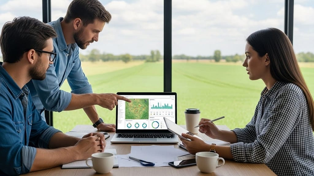 Agribusiness team reviewing data from crop management automation tools