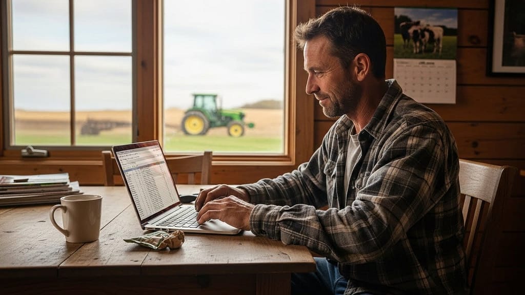 Small farm operator using small farm automation software to manage daily tasks