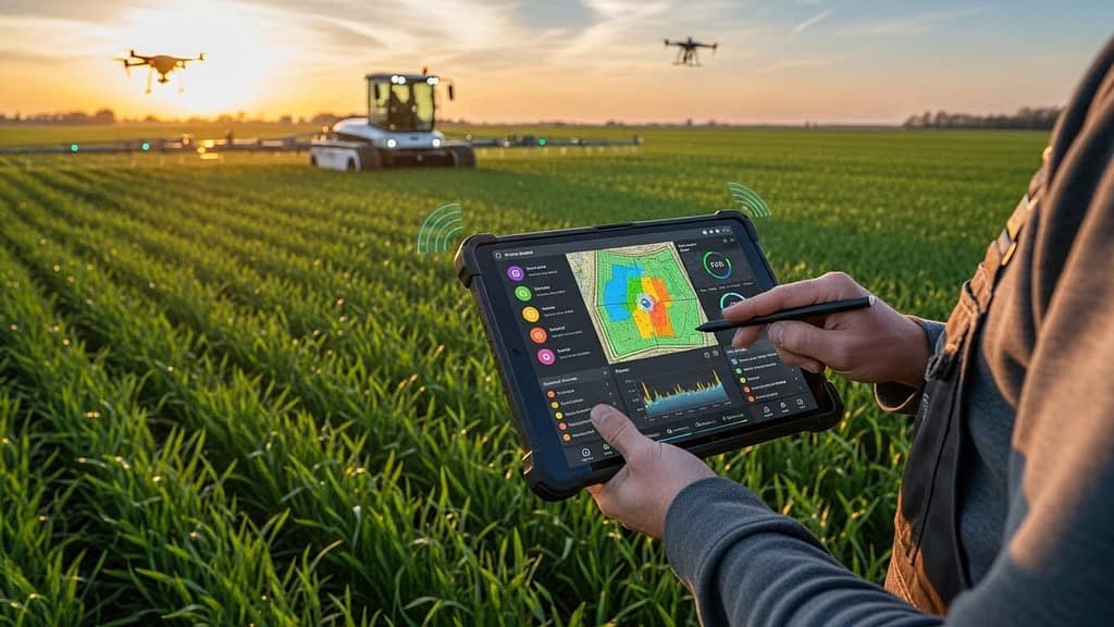 Farmer using crop management automation tools on a mobile device in the field
