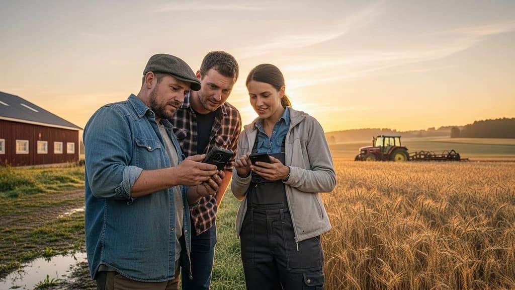 Farm workers using mobile automated farm management software to receive tasks and record work