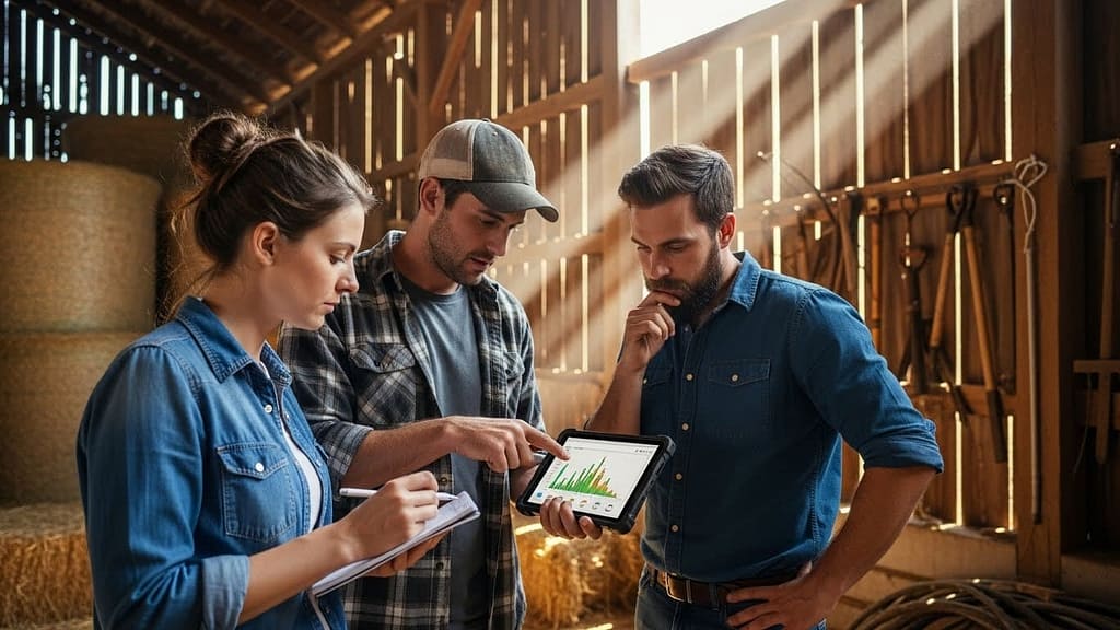 Small farm team reviewing data from automated farm management software