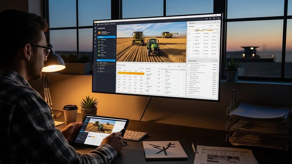 Farm manager using farm operation automation software to review daily tasks