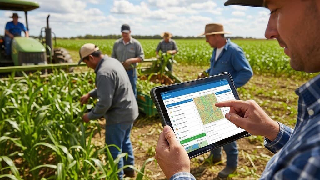 Field workers logging activities using farm operation automation software