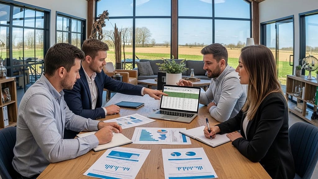 Agribusiness team reviewing reports from automated farm workflows